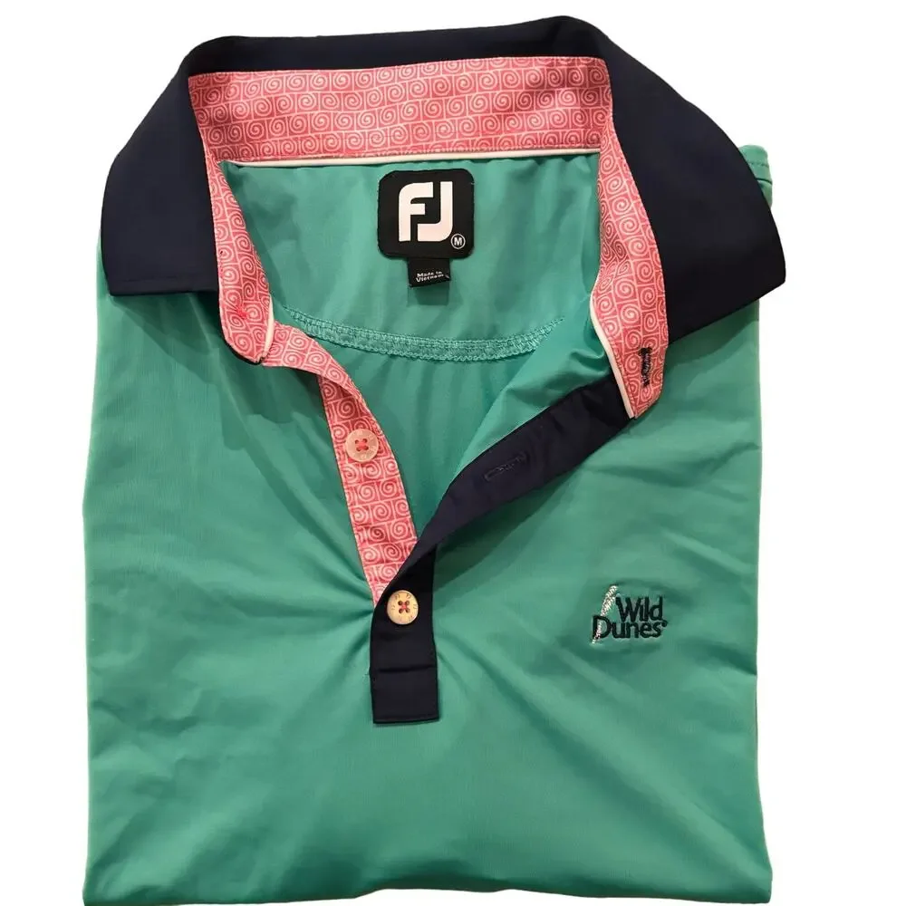 FootJoy Green Golf Polo Contrast Collar & Placket Medium Wild Dunes CC Logo